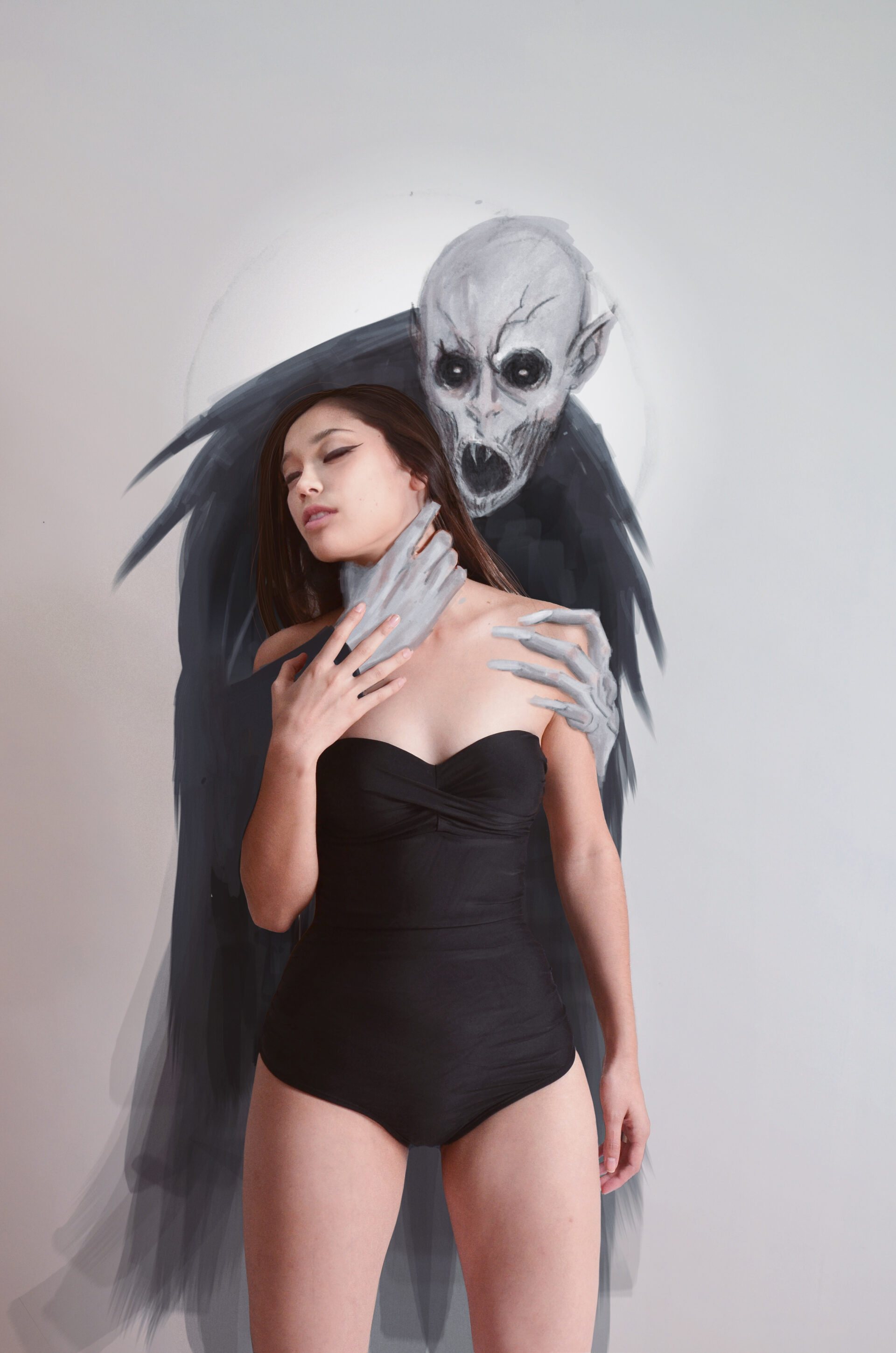 "Innocence" a piece that juxtaposes an apparent vulnerable woman with an eerie ghostly apparition (Nosferatu) that entices the duality of fear and protection.